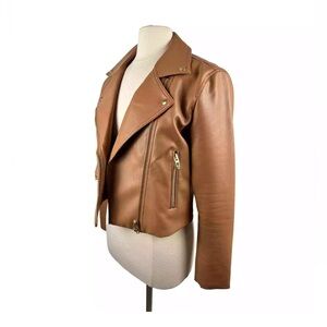 BLANK NYC Women's Cognac Faux Leather Vegan Cropped Moto Biker Jacket Medium
